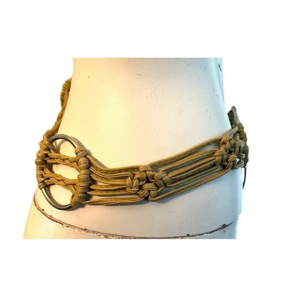 Tan Faux Leather Knotted Rope Waist Belt Round Silver Metal Rings Long Strands